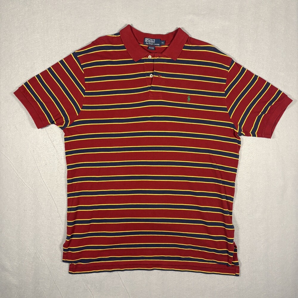 Ralph Lauren Polo Shirt Men XL Red Navy Striped Cotton Jersey Preppy Vintage 90s
